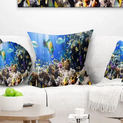 Design Art Coral Colony And Coral Fish - Sea & Shore Printed Throw Pillow In Blue;yellow