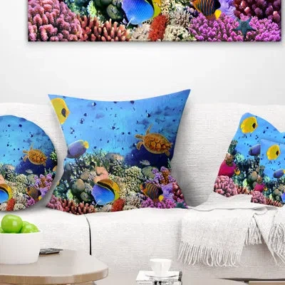 Design Art Coral Colony And Coral Fishes - Sea & Shore Printed Pillow In Blue;red