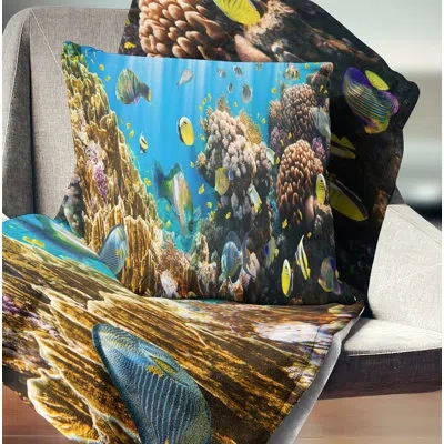 Design Art Coral Colony Panorama - Sea & Shore Printed Throw Pillow In Blue;yellow