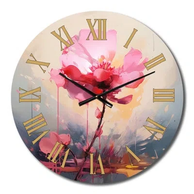 Design Art Coral Elegance Single Pink Rose Blossoming Metal Wall Clock In Blue;pink;gold;cream