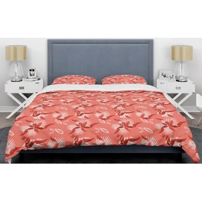 Design Art Coral Flowers Of Bird Of Paradise Mid-century Duvet Cover Set In Red