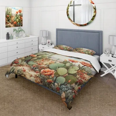Design Art Coral Green Cactus Desert Blooms Pointillism Iii - Cactus Duvet Cover Set - Microfiber Polyester In White;coral