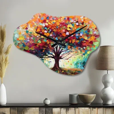 Design Art Coral Oak Tree At The Farm I - Trees Cloud Metal Wall Clock, Traditional Asymmetrical Wall Clock Pri In Orange