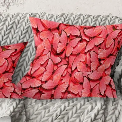 Design Art Coral Pink Butterflies - Mid-century Modernprinted Throw Pillow In Red