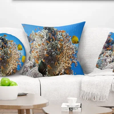 Design Art Coral Scene Panorama - Sea & Shore Printed Pillow In Blue;gold