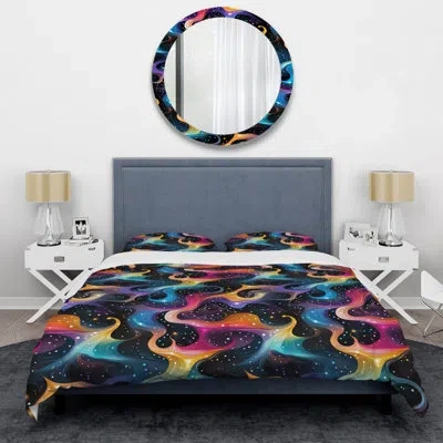 Design Art Cosmic Harmony Ii- Abstract Duvet Cover Set - Microfiber Polyester In Black;pink;orange