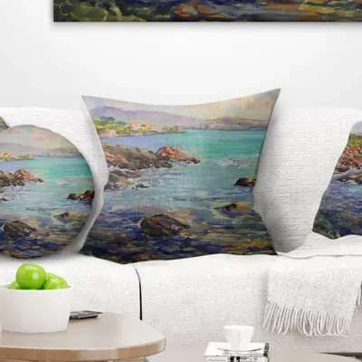 Design Art Cote D Azur France - Landscape Printed Pillow In Blue;black;brown;green;red;yellow