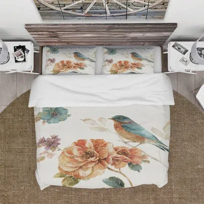 Design Art Cottage Bird On Orange Flower Twig - Traditional Duvet Cover Set - Microfiber Polyester In White