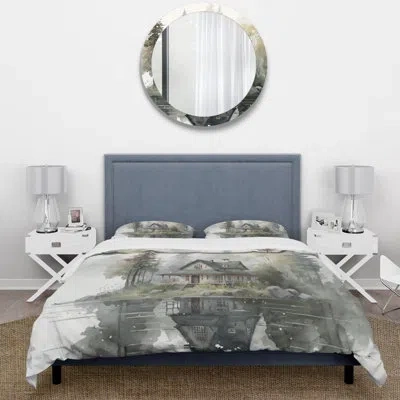 Design Art Cottage By The Lake Ii - Landscape Duvet Cover Set - Microfiber Polyester In Brown;green