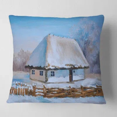 Design Art Cottage Cove With Snow I Square Pillow Cover & Insert In Blue