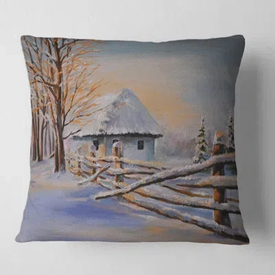 Design Art Cottage Cove With Snow Ii Square Pillow Cover & Insert In White