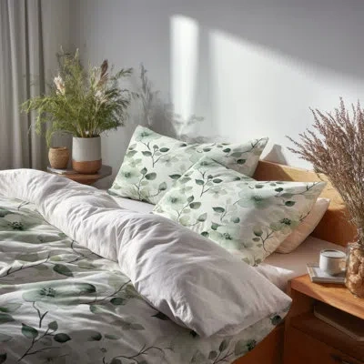 Design Art Country Farmhouse 4 Pcs Bedding Set - Floral Willow Green Blooms Bed Comforter Set In Green;white
