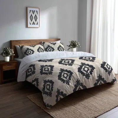 Design Art Country Farmhouse 6 Pcs Comforter Set - Classic Farmhouse Black And Beige Ikat With Shams And Throw  In Black;beige
