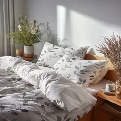 Design Art Country Farmhouse 6 Pcs Comforter Set - Floral Warm Gray Leaves Comforter Bedding Set In Gray;white