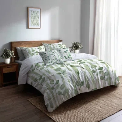 Design Art Country Farmhouse 6 Pcs Comforter Set - Striped Green And White Eucalyptus Lines With Shams And Thro In Green;white