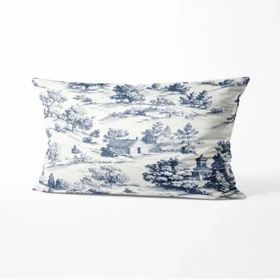 Design Art Country Farmhouse Accent Pillow - Blue Country Toile Printed Cushion In Blue;white