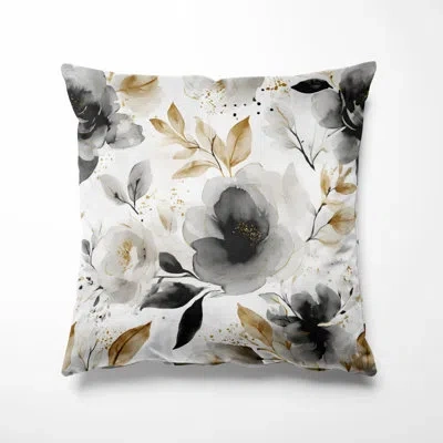 Design Art Country Farmhouse Accent Pillow - Floral Black Whisper Printed Throw Pillow In Black;gold