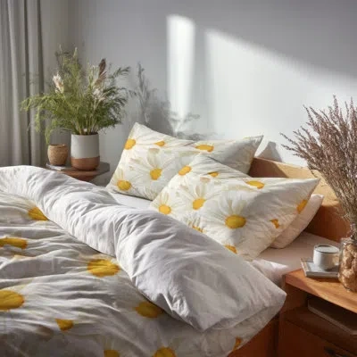 Design Art Country Farmhouse Bed Comforter Set Of 4 - Yellow Daisy Light Bedding Set In White;yellow