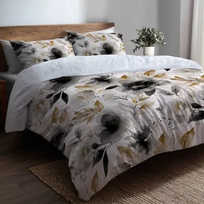 Design Art Country Farmhouse Bedding Set 4 Pcs - Floral Black Whisper Bed Comforter Set In Black;gold