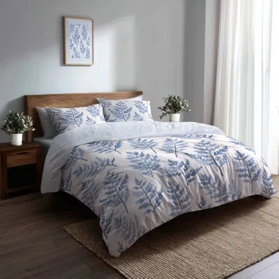 Design Art Country Farmhouse Bedding Set 4 Pcs - Floral Mist Blue Ferns Bed Comforter Set In Blue;white