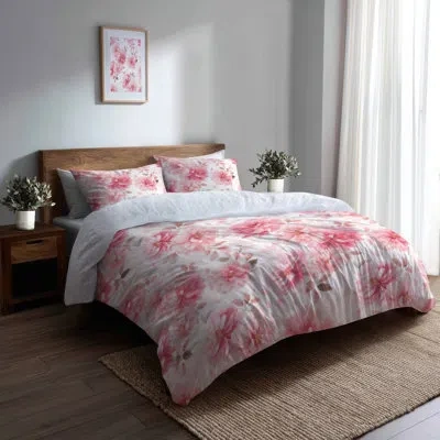 Design Art Country Farmhouse Bedding Set 4 Pcs - Floral Pink Whisper Bed Comforter Set In White;pink