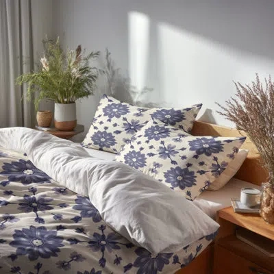 Design Art Country Farmhouse Bedding Set 4 Pcs - Floral Purple And Beige Magnolia Bed Comforter Set In Beige;purple