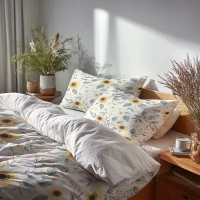 Design Art Country Farmhouse Bedding Set 4 Pcs - Yellow Sunbeam Blooms Bed Comforter Set In Green;yellow