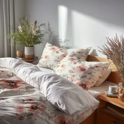 Design Art Country Farmhouse Bedding Set  - Floral Pink Blush Blossoms Duvet Cover And Throw Pillow Set In Black;pink