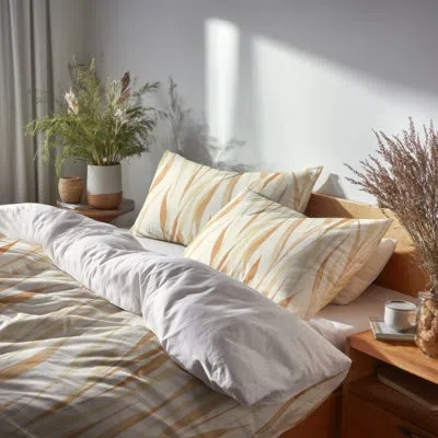 Design Art Country Farmhouse Bedding Set Of 4 - Striped Orange And Yellow Wheat Lines Bed Comforter Set In Orange;yellow