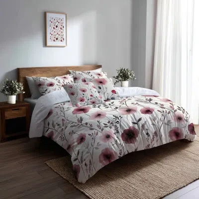 Design Art Country Farmhouse Comforter Set Of 6 - Floral Rose Meadow Comforter Bedding Set In Gray;pink