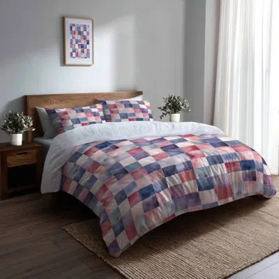 Design Art Country Farmhouse Duvet Cover Set Of 3 - Patchwork Red And Blue Checker Quilt Bedding And Throw Pill In Blue;red