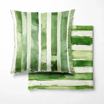 Design Art Country Farmhouse Throw Cushion - Green And Beige Meadow Stripes Striped Decorative Cushion In Beige;green