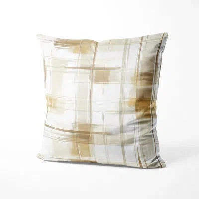 Design Art Country Farmhouse Throw Pillow - Brown Neutral Plaid Printed Cushion In Brown;white