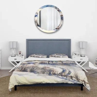 Design Art Country Road In Winter Times I - Traditional Duvet Cover Set - Microfiber Polyester In White,blue,gray;white,blue,gray