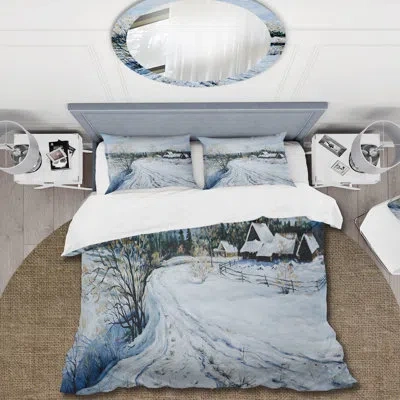 Design Art Country Road In Winter Times Ii - Traditional Duvet Cover Set - Microfiber Polyester In White,blue