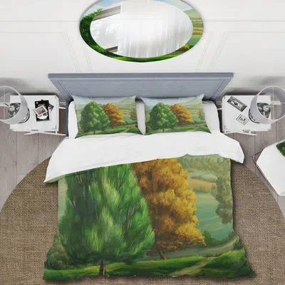 Design Art Country Scenery With Vibrant Trees - Traditional Duvet Cover Set - Microfiber Polyester In Green,orange