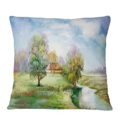Design Art Countryroad In Next To Tree In The Green - Country Printed Throw Pillow In Green;green