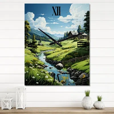 Design Art Countryside Emerald Lake In Ii - Landscape & Nature Wall Clock Oversized In Blue;green