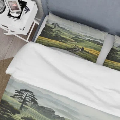 Design Art Countryside Foggy Green Hillside - Countryside Duvet Cover Set - Microfiber Polyester In Green;yellow