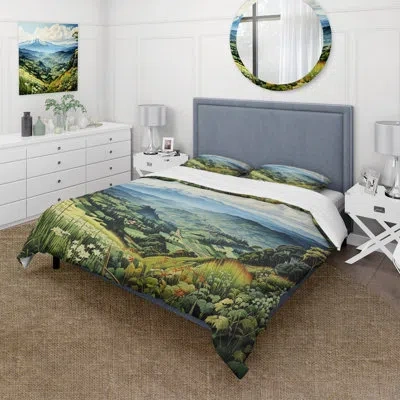 Design Art Countryside Mountain Vista Patchwork I - Countryside Duvet Cover Set - Microfiber Polyester In White;green