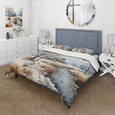 Design Art Countryside Snowy Minimalism Winter Vii - Countryside Duvet Cover Set - Microfiber Polyester In White