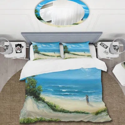 Design Art Couple At The Beach - Nautical & Coastal Duvet Cover Set - Microfiber Polyester In Blue