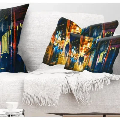 Design Art Couple Walking In An Alley - Cityscape Printed Throw Pillow In Blue;yellow
