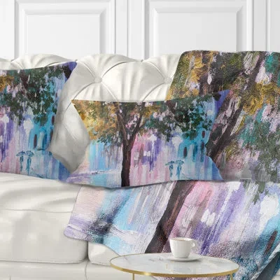 Design Art Couple Walking In Rain - Landscape Printed Throw Pillow In Blue;green