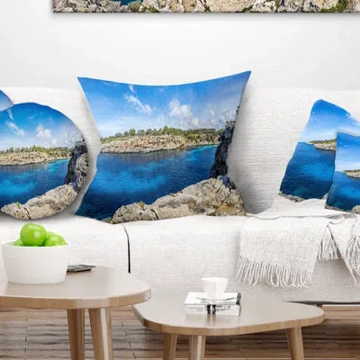 Design Art Cove Of Cala Pi Mallorca Panorama - Sea & Shore Printed Pillow In Blue;black;brown;green;red;yellow