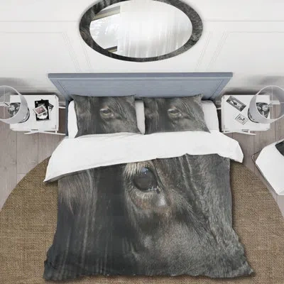 Design Art Cow Grazing In The Meadow Close-up Of Eye - Farmhouse Duvet Cover Set - Microfiber Polyester In Gray
