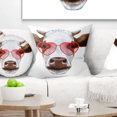 Design Art Cow With Red Heart Glasses - Animal Printed Pillow