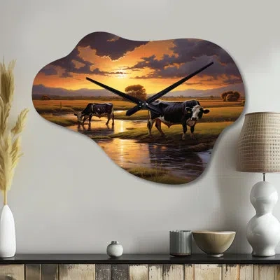 Design Art Cows At Farm Landscape Ii - Cow Unique Shape Metal Wall Clock, Peach Freeform Wall Clock Print In Yellow;pink