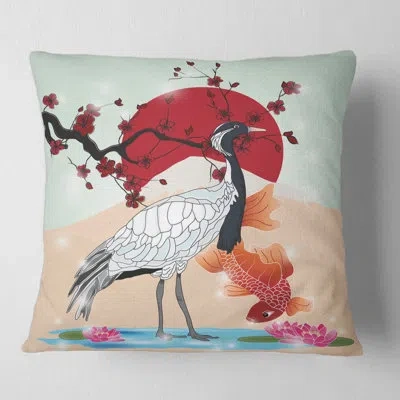 Design Art Crane Bird And Koi Fish Square Pillow Cover & Insert In Red