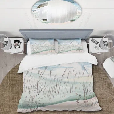 Design Art Cranes Flying Over Snowy Montaine - Traditional Duvet Cover Set - Microfiber Polyester In White,green